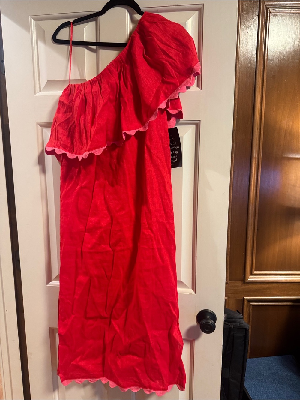 Tuckernuck One-Shoulder Ruffle Midi Dress in Bright Red with Pink Trim